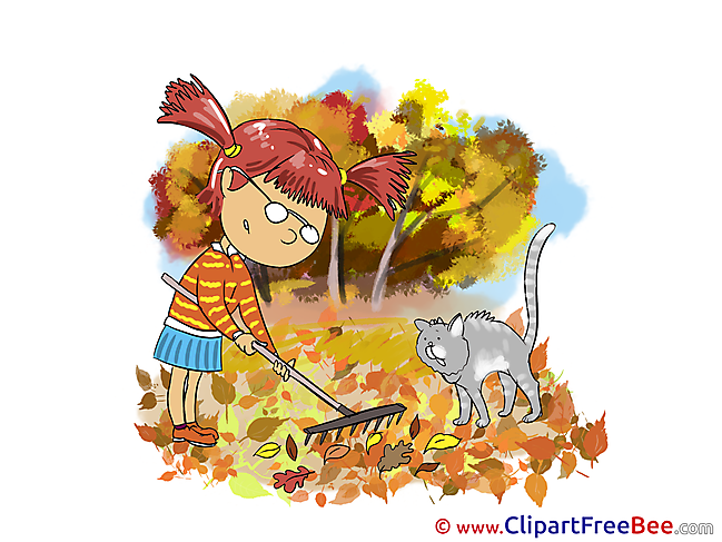 Rake Cat printable Autumn Images