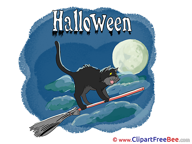 Clouds Cat Broom Night Pics Halloween Illustration